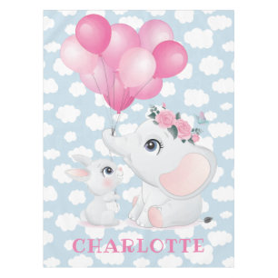 Nappe Éléphant Féminin Et Lapin avec Fleurs et Ballon