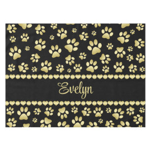 Nappe Empreintes de patte dorées sur fond noir avec nom