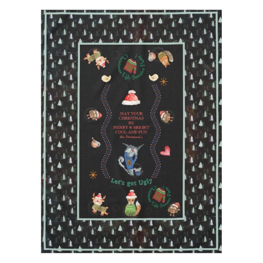 Nappe Fête de Noël moche Sweater Animaux Noir Turquoise (Devant)