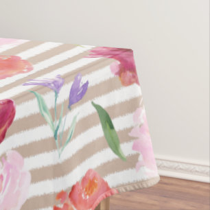 Nappe Fleurs crèmes d'aquarelle de rayures de pêche