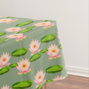 Nappe Fleurs de lotus roses et nénuphars sur fond vert l