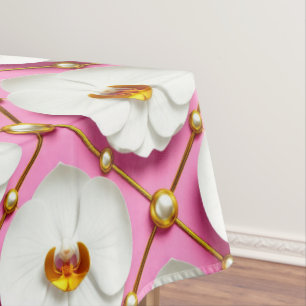 Nappe Fleurs d'orchidées blanches sur fond rose avec or