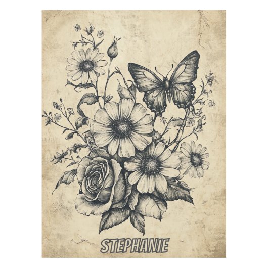 Nappe Fleurs et papillons rustiques - Papier vieilli (6) (Devant)
