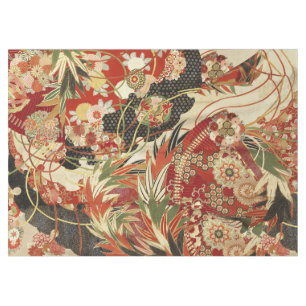 Nappe FLEURS JAPONAISES ANCIENNES Rouge Vert Noir Floral