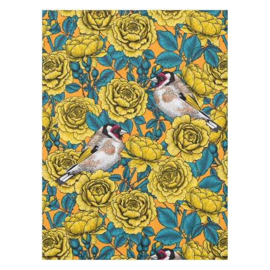 Nappe Fleurs roses et oiseaux dorés (Devant)