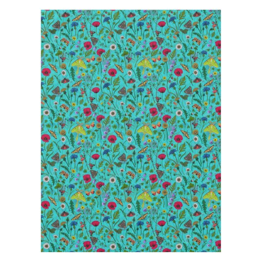 Nappe Fleurs sauvages et papillons de nuit sur turquoise (Devant)