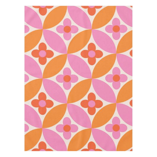 Nappe Fleurs sur cercles rose orange milieu du siècle  (Devant)