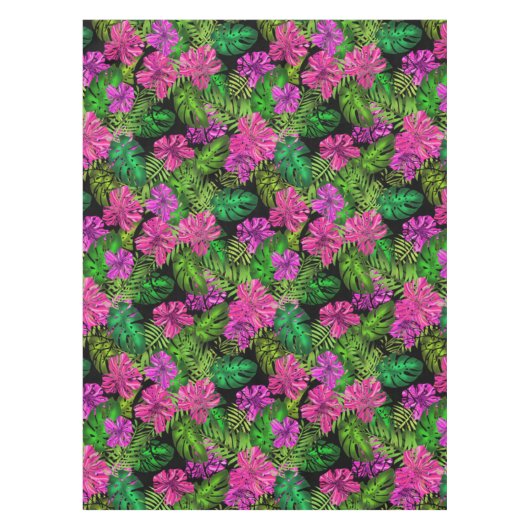 Nappe Fleurs tropicales et plantes en noir (Devant)
