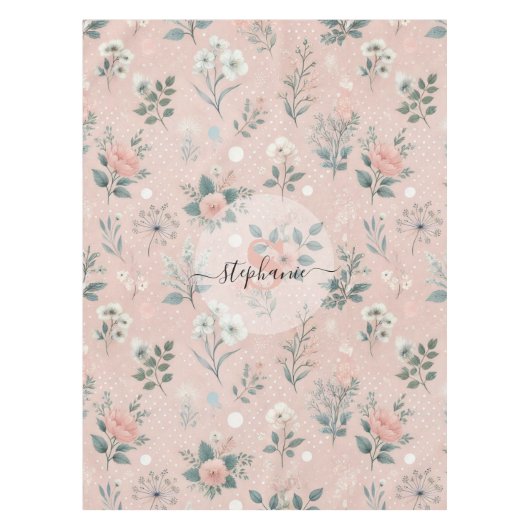 Nappe Floral rose rustique avec fleurs blanches et verdu (Devant)
