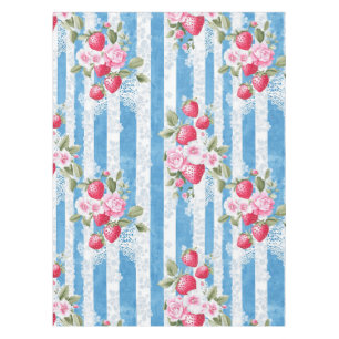 Nappe Fraises vintages et fleurs sur bandes bleues