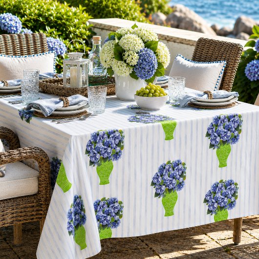 Nappe Hydrangea Bleu Vase Vert Motif Rayure Côtière