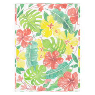 Nappe Jardin tropical, plumeria hibiscus et feuilles de
