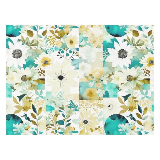 Nappe Joli Art folklorique Fleurs blanches et turquoise (Devant (Horizontal))