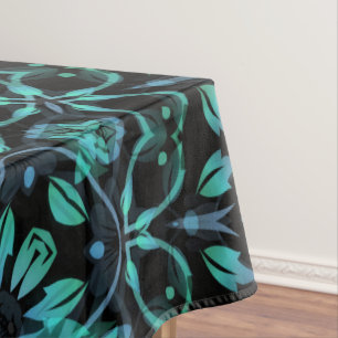 Nappe Mandala Floral Noir Sarcelle Foncé