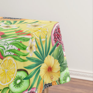 Nappe Mix-fruit tropical, fleurs et feuilles sur jaune