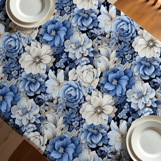 Nappe moderne florale bleu chic ivoire