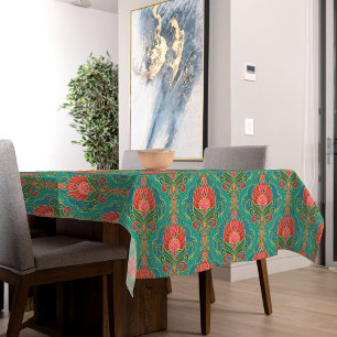 Nappe Motif floral vintage turquoise, rouge et or