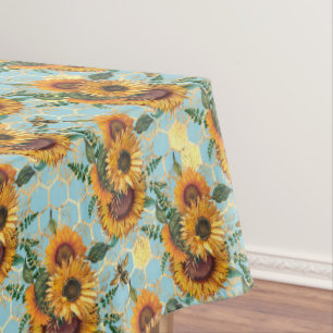 Nappe Motif Tournesol Or Nid d'Abeilles Abeilles Aqua