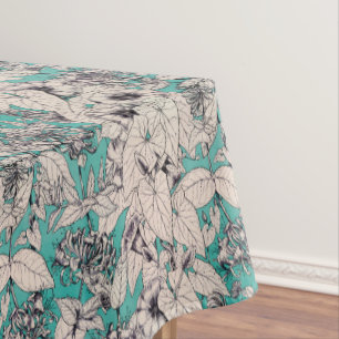 Nappe Motif turquoise de fleurs graphiques blanches