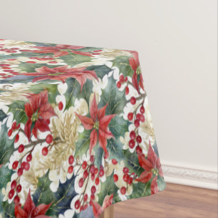Nappe Noël motif aquarelle poinsettia et houx