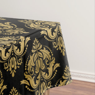 Nappe Noir & Or Floral Damas Motif géométrique