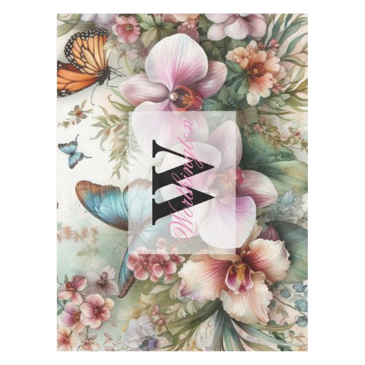 Nappe Nom du monogramme Fleurs tropicales Aquarelle feui (Devant)