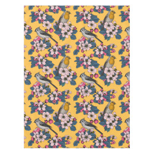 Nappe Oiseaux et fleurs sur le jaune
