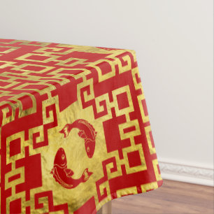 Nappe Or oriental de luxe sur le motif rouge de poissons