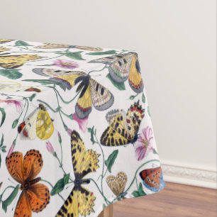 Nappe Papillons colorés Fleurs roses et Feuilles verts