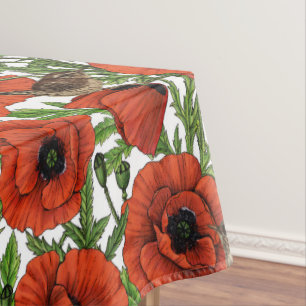 Nappe Pavot rouge et brindilles, feuilles verts sur blan