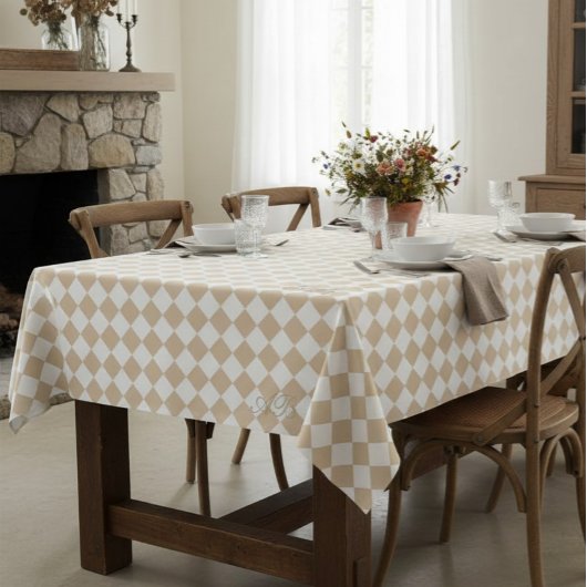 Nappe Personalized Gingham Tablecloth, White and Beige