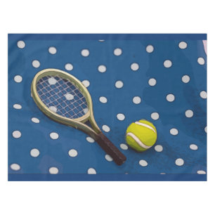 Nappe Racket de tennis et ballon sur bleu pois blanc
