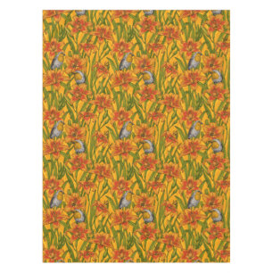 Nappe Robins et fleurs de lys, orange et vert