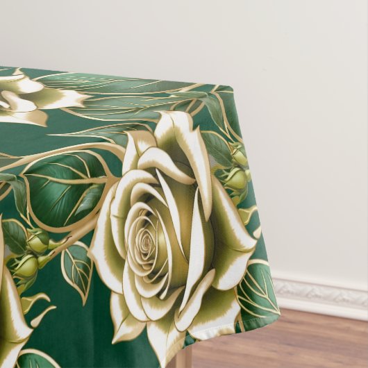 Nappe Roses Dorées Avec Des Feuilles Vert Emeraude  (In Situ)