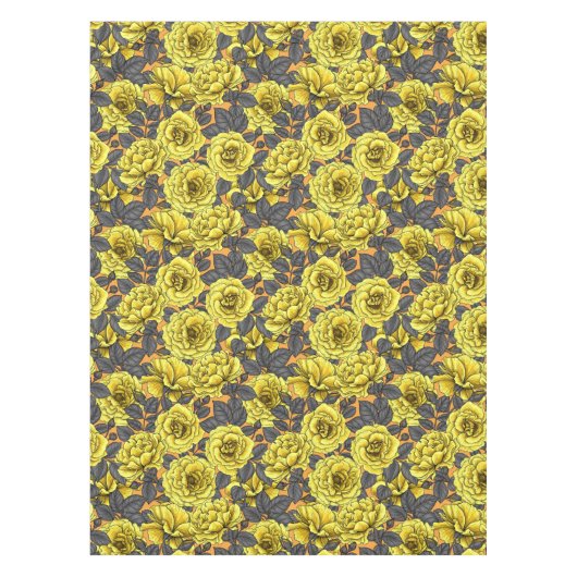Nappe Roses jaunes avec feuilles gris sur orange (Devant)