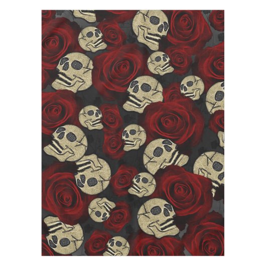 Nappe Roses Rouges & Crânes Floral Gothique Gris Noir (Devant)