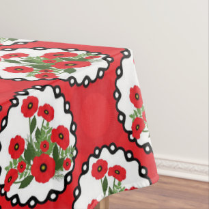 Nappe Shabby Chic Rouge, Coquelicots Floraux Noir & Blan