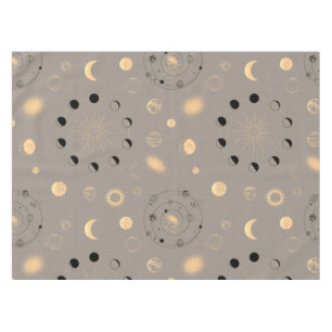 Nappe Soleil étoiles lune phases planètes or noir sur br