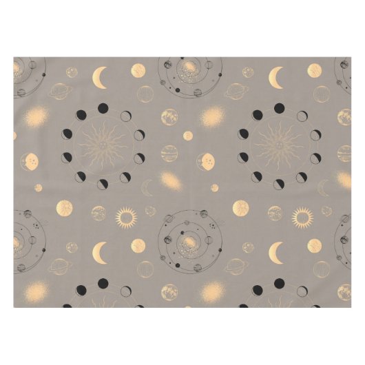 Nappe Soleil étoiles lune phases planètes or noir sur br (Devant (Horizontal))