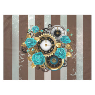 Nappe Steampunk Clock and Turquoise Roses on Striped