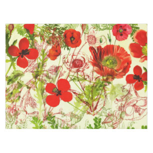 Nappe Vintage Red Green Poppies Fleurs sauvages d'été