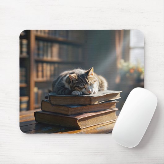 Napping Tabby Cat op bibliotheekboeken Muismat (Met muis)