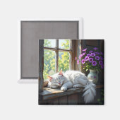 Napping White Cat and Purple Flowers  Magneet (Voorkant / Achterkant)