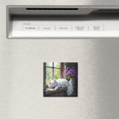 Napping White Cat and Purple Flowers  Magneet (Insitu (Vaatwasser))