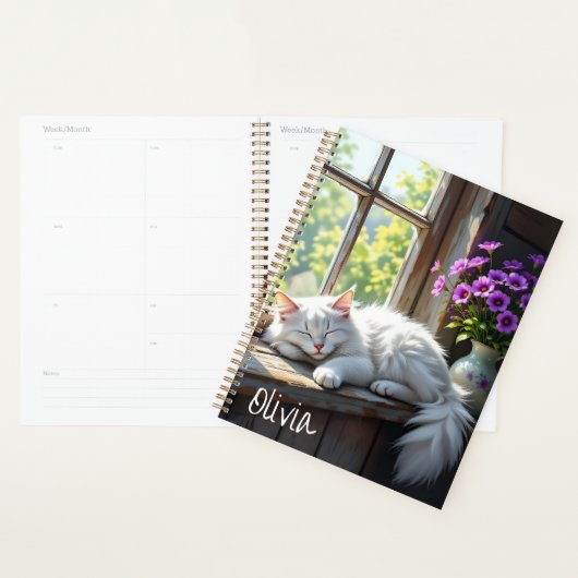 Napping White Cat and Purple Flowers Personalized (Devant avec enveloppe)