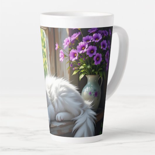 Napping White Cat and Purple Flowers Personalized Latte Mok (Rechterhoek)