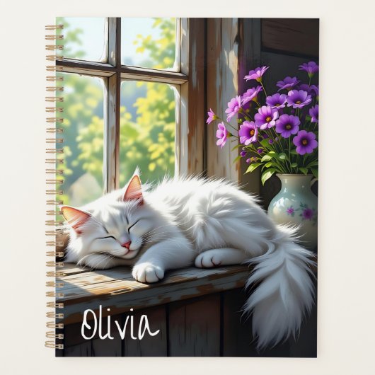 Napping White Cat and Purple Flowers Personalized Planner (Voorkant)