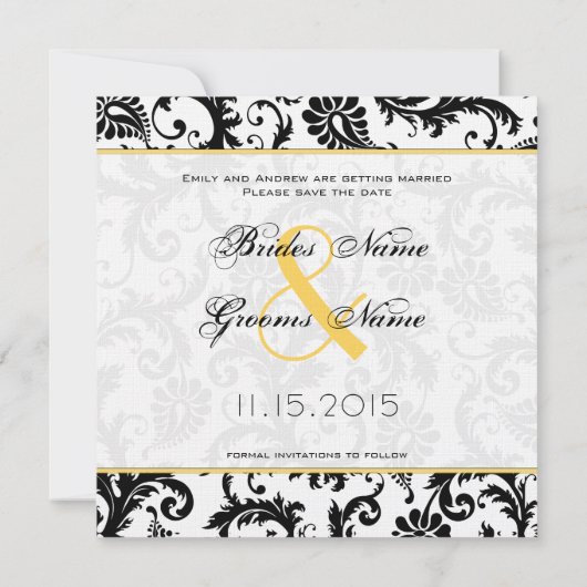 Narcis Geel & Zwart Damask Save the Date Kaart (Achterkant)