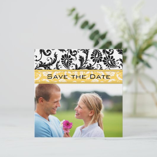 Narcis Geel & Zwart Damask Save the Date Kaart (Staand voorkant)