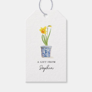 Narcis in blauwe en witte pot  cadeaulabel